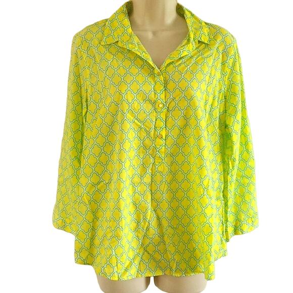 Lands' End Women's Abstract Print Long Sleeve Blouse Size 14 Petite -Yellow/Blue - Picture 3 of 8